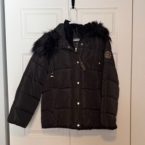 bebe Black Puffer Jacket with Faux Fur Trim